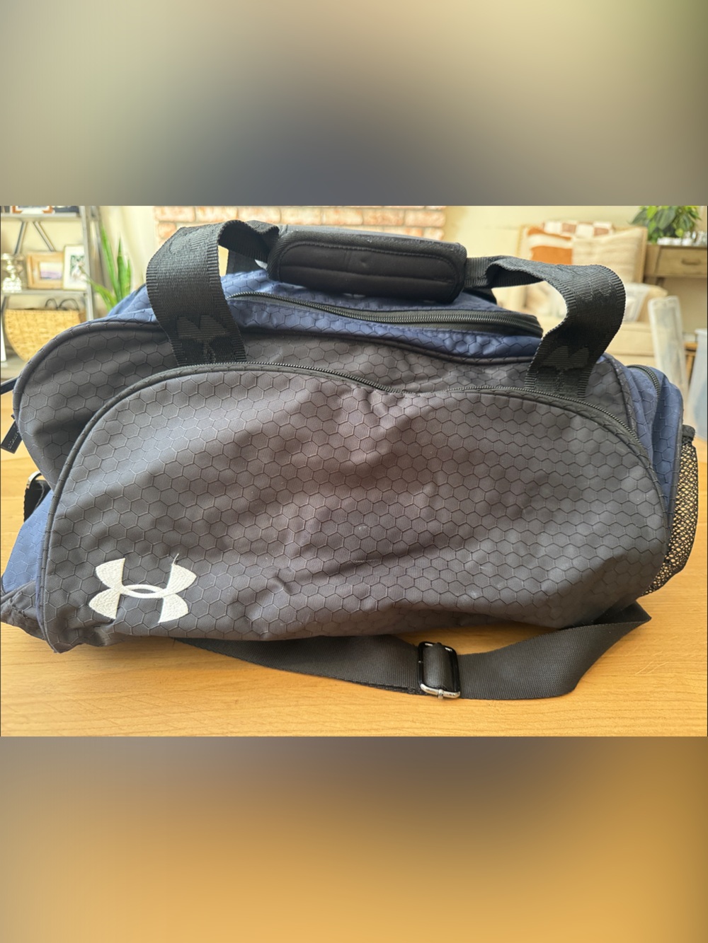 Under Armour Black and Navy Hex-Pattern Duffel Bag